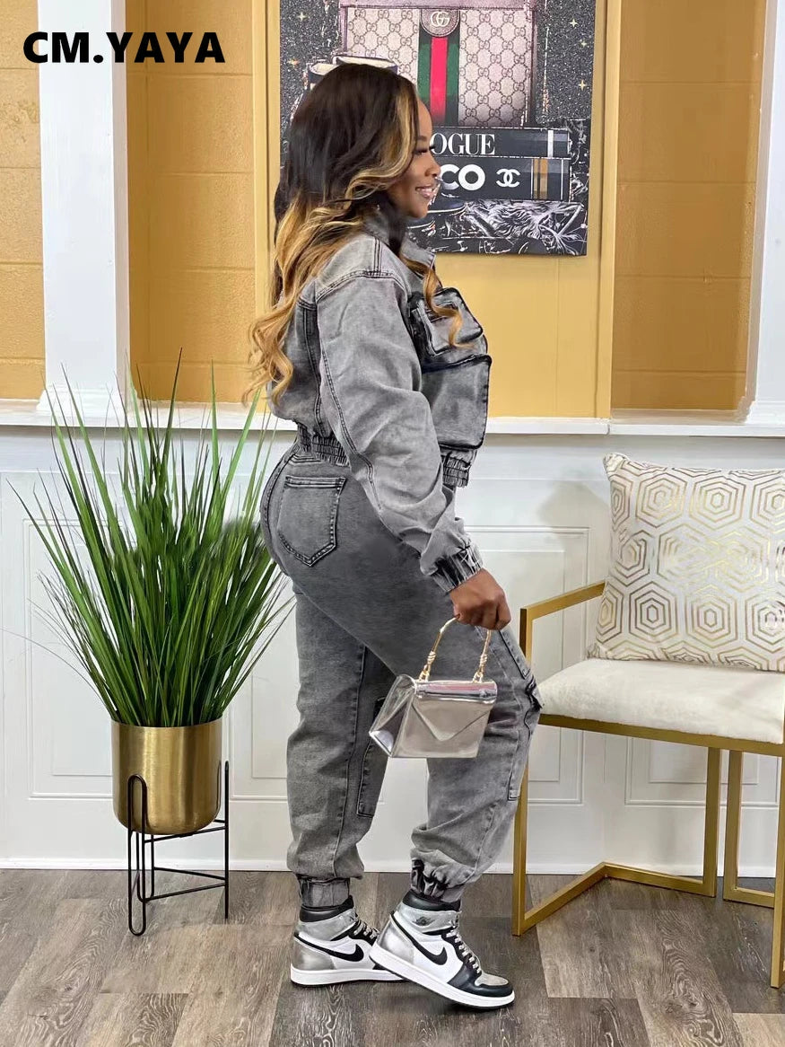 Women's Pocket Denim Jacket & Cargo Jeans Set