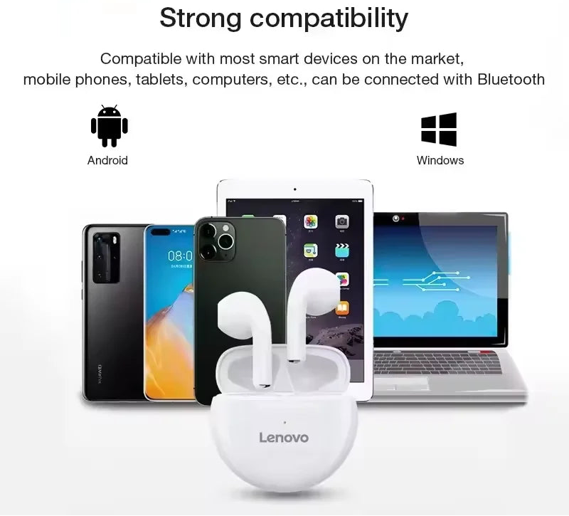 Lenovo Bluetooth earbuds in a white charging case, shown with compatibility text and icons for Android and Windows devices.