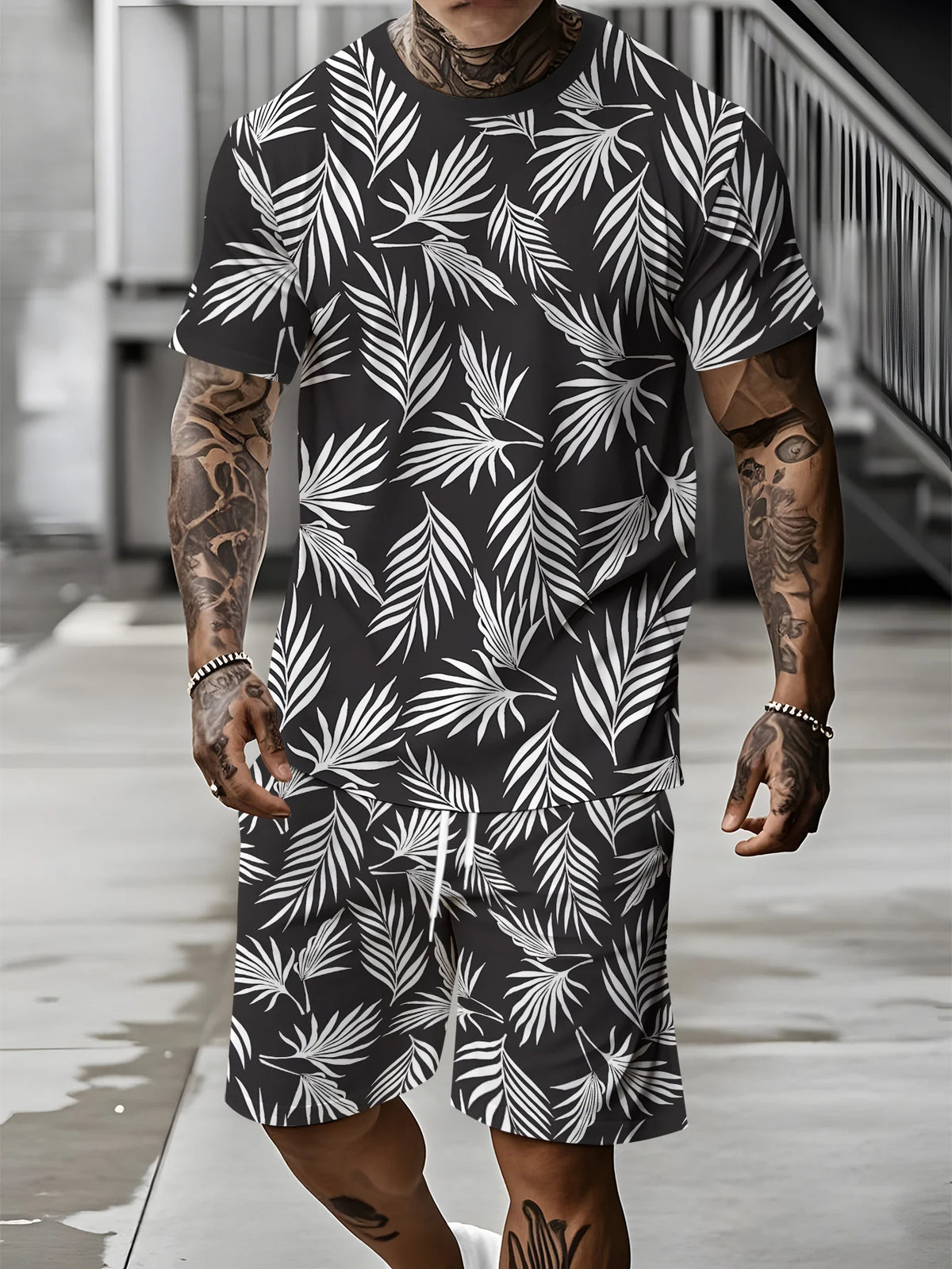 Men's Palm Tree Print Top & Shorts Set