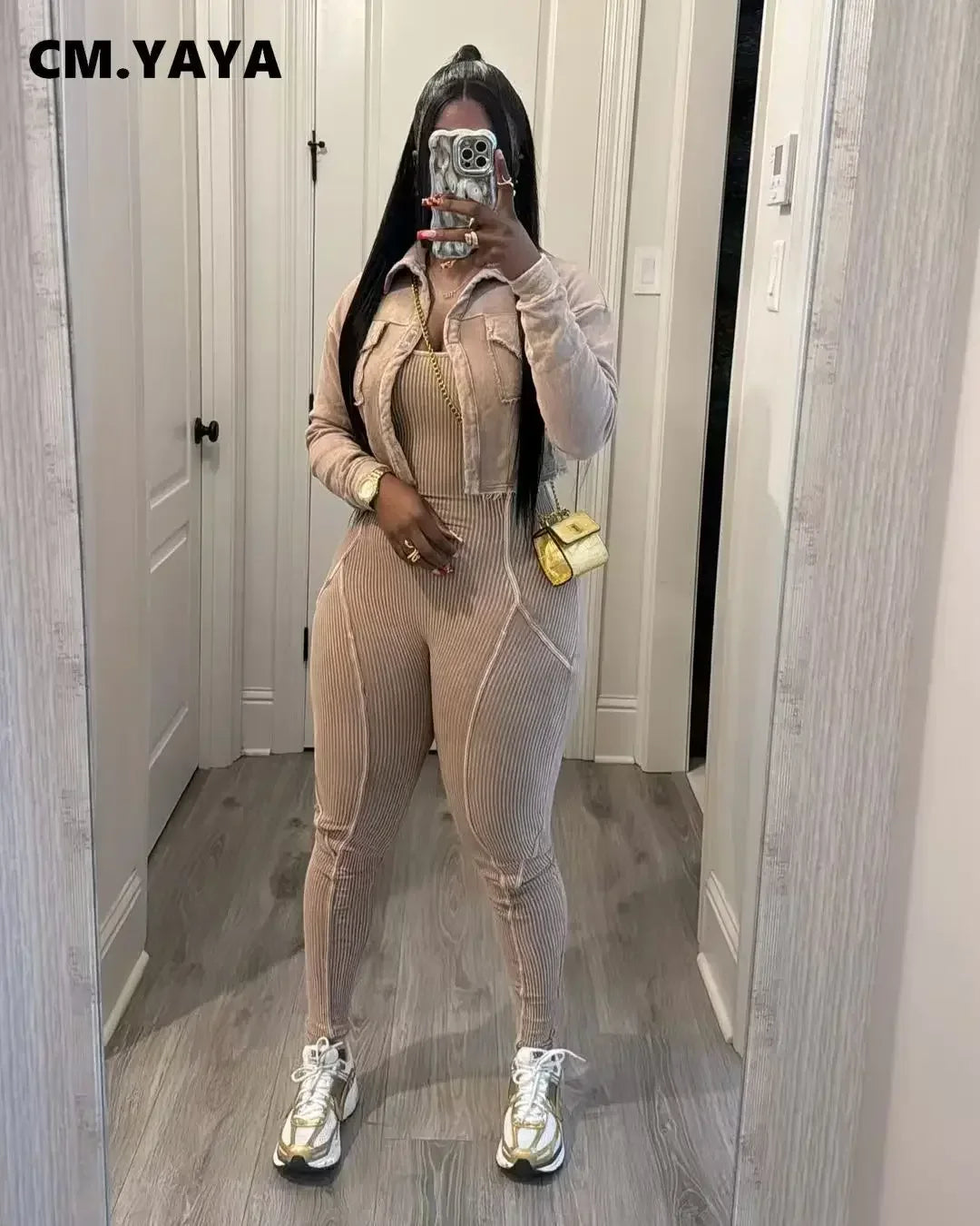 Women's V-Neck Jacket & Fitted Jumpsuit Set