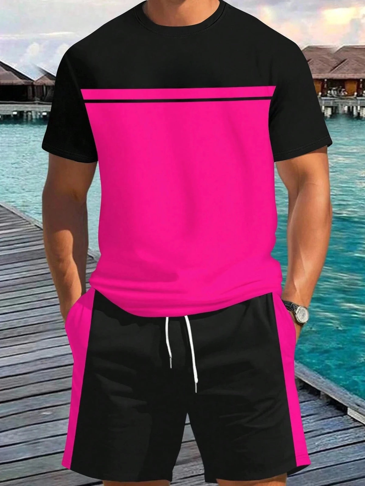 Men's Animal Print Top & Shorts Set