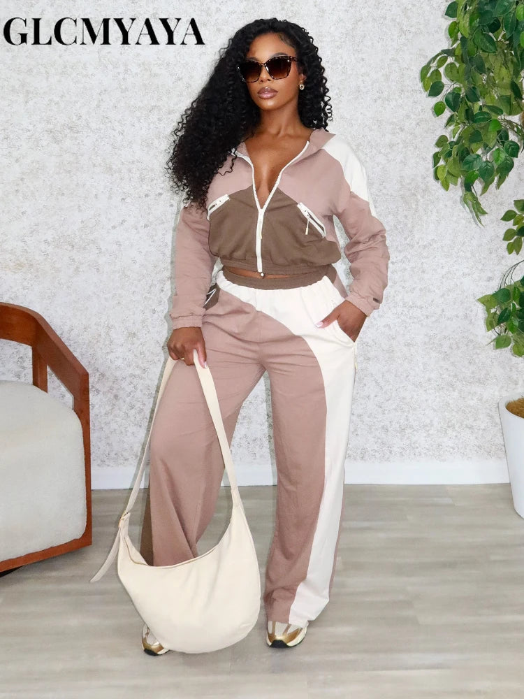 Women's Colour-Block Zip Jacket & Wide-Leg Pants Set