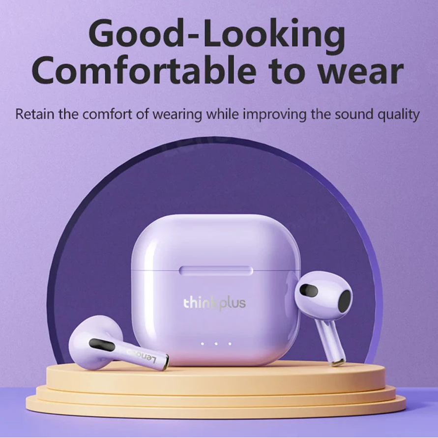 Lenovo wireless earbuds with charging case on a purple background