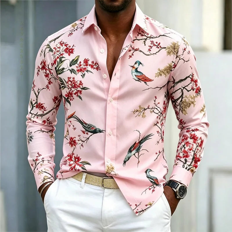 Men's Floral Print Long-Sleeve Casual Shirt