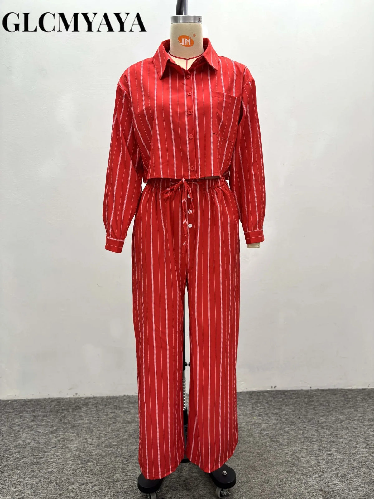 Women's Striped Crop Shirt & Wide-Leg Pants Set