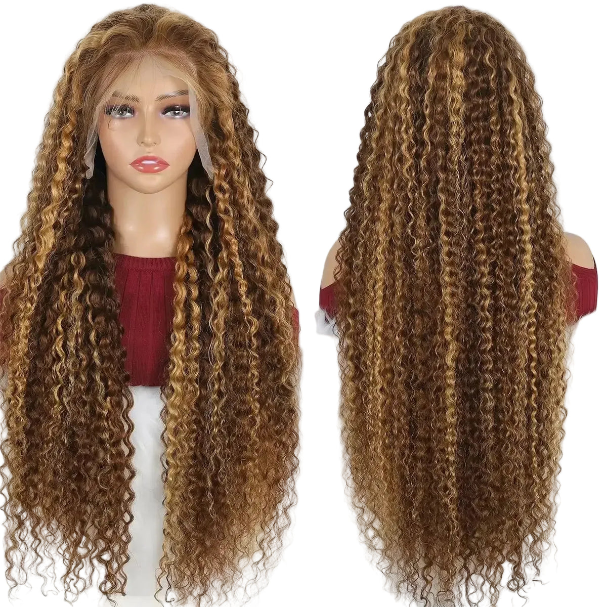Brown curly wig shown from front and back on a mannequin head.
