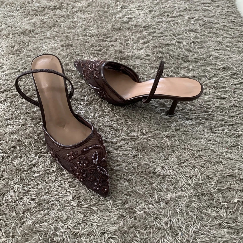 Women's Beaded Mesh Slingback Heels — product view