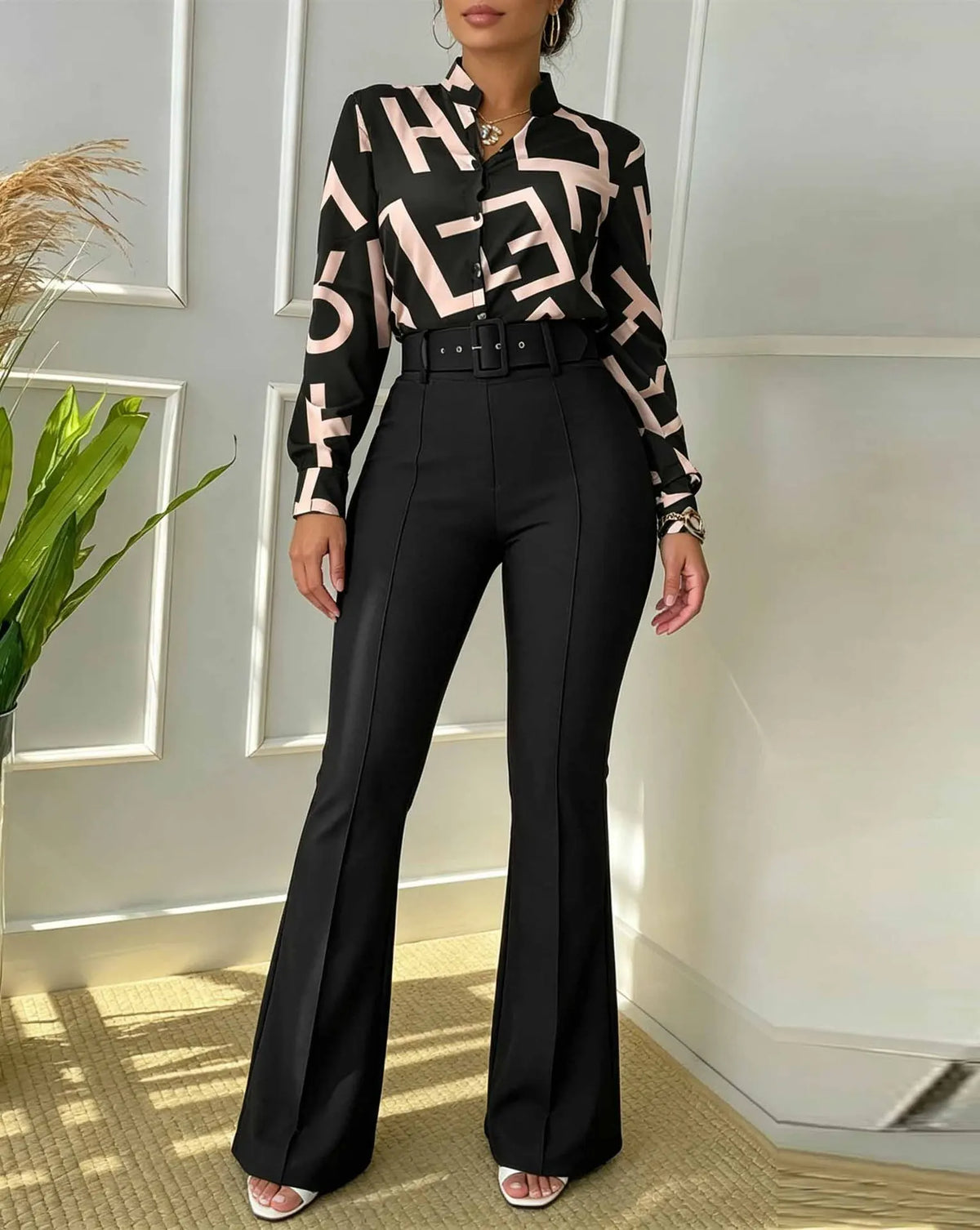 Women's Printed Stand-Collar Shirt & Straight-Leg Pants Set