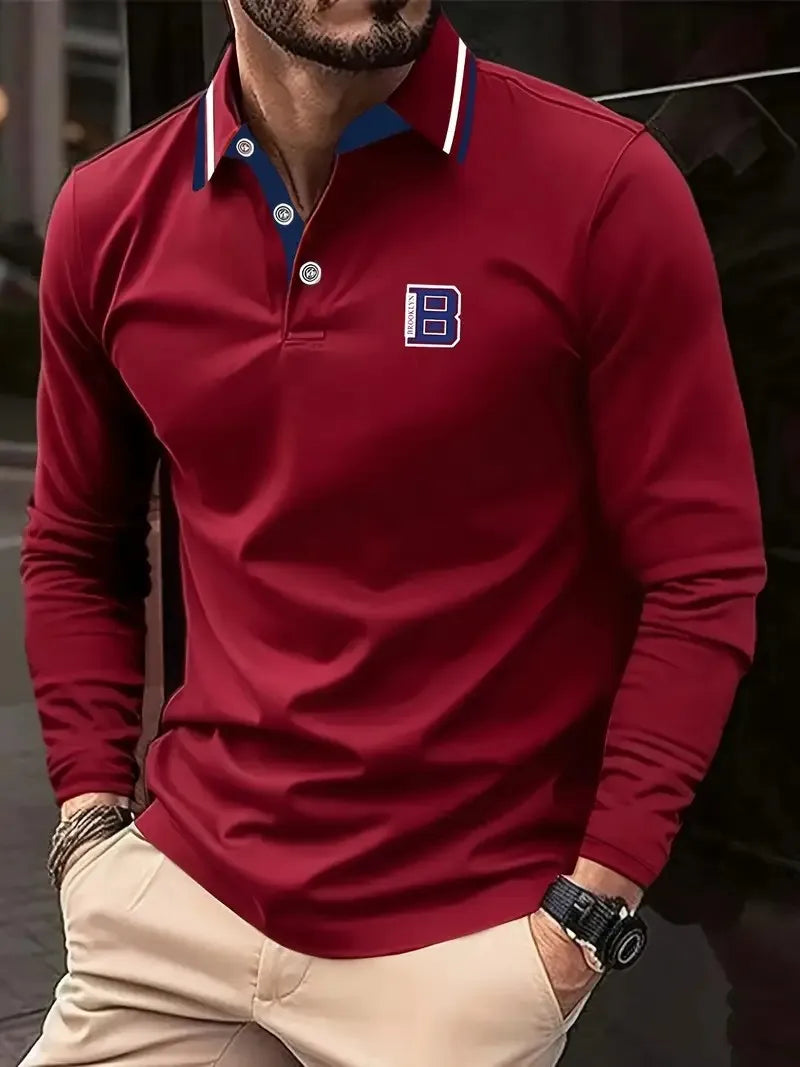 Men's Graphic Print Long-Sleeve Polo Shirt