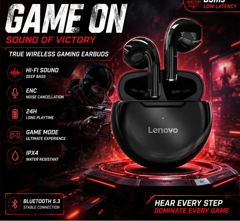 Lenovo true wireless gaming earbuds in a glossy black charging case, shown with marketing text and a dark futuristic gaming scene in the background. The Lenovo logo is visible on the earbuds and case.