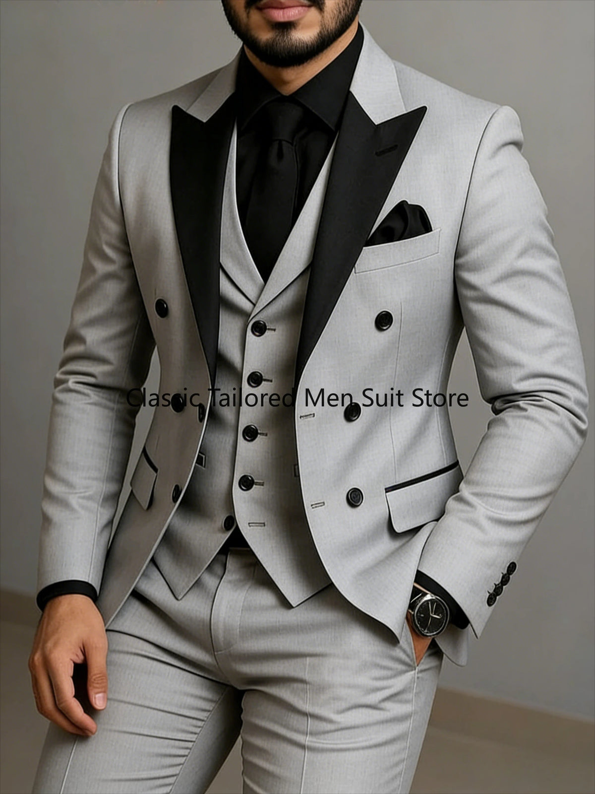 Men's Beige Slim-Fit Double-Breasted Suit Set — product view