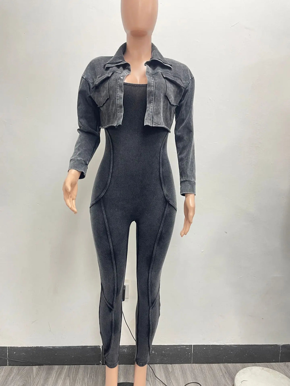 Women's V-Neck Jacket & Fitted Jumpsuit Set