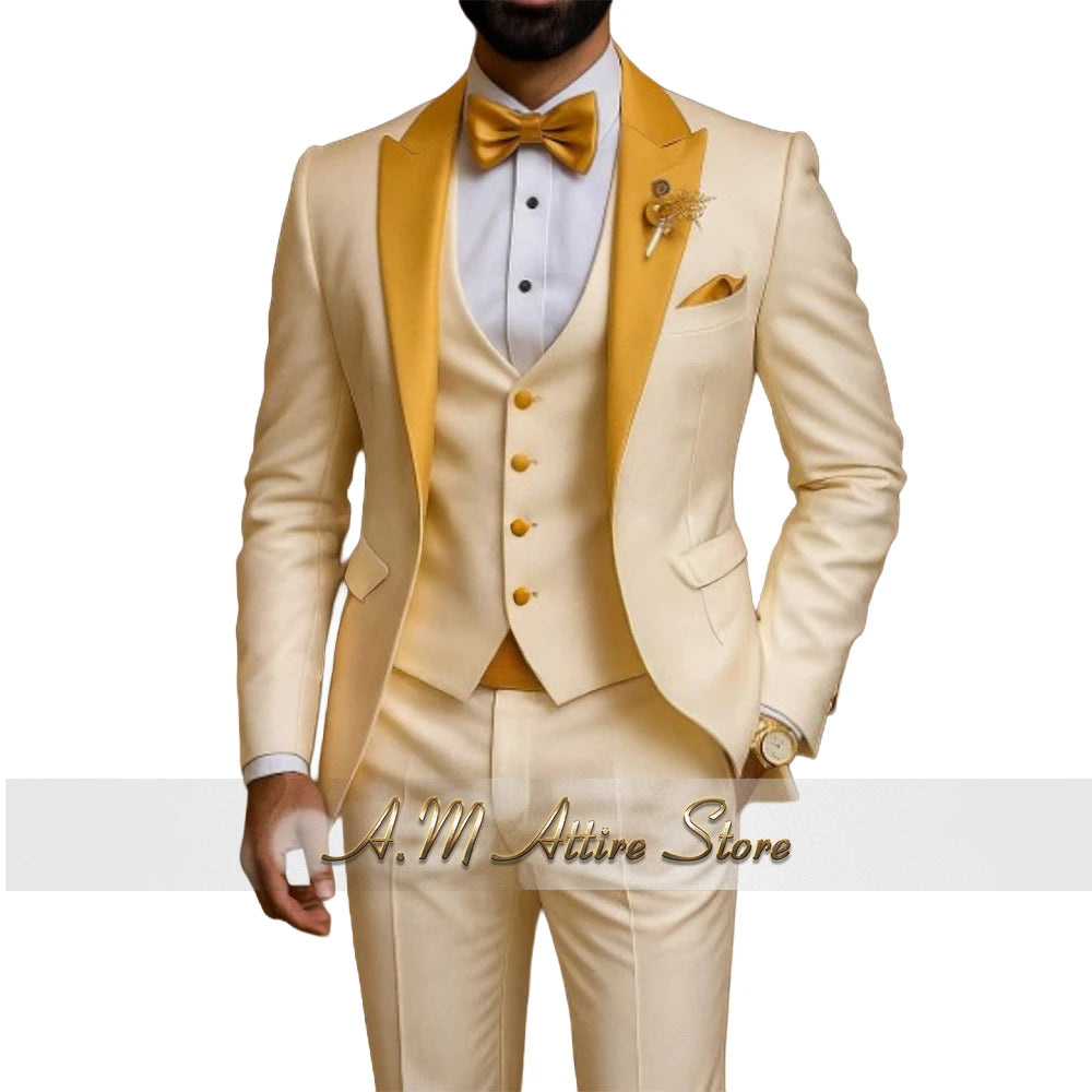 Men's Gold Peak-Lapel Three-Piece Suit Set — product view