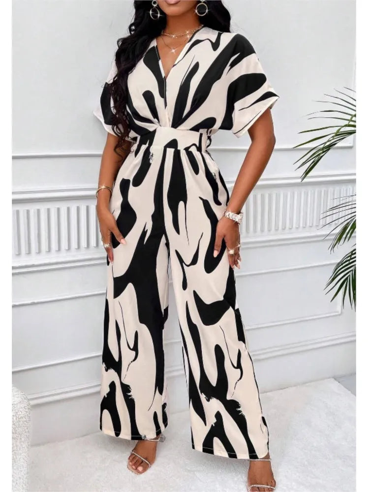 Women's Printed V-Neck Wide-Leg Jumpsuit