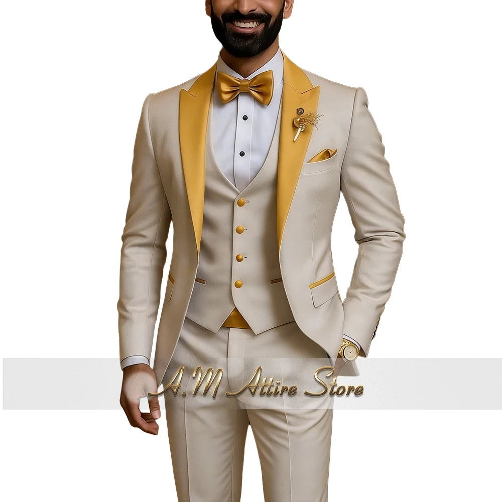 Men's Gold Peak-Lapel Three-Piece Suit Set — product view