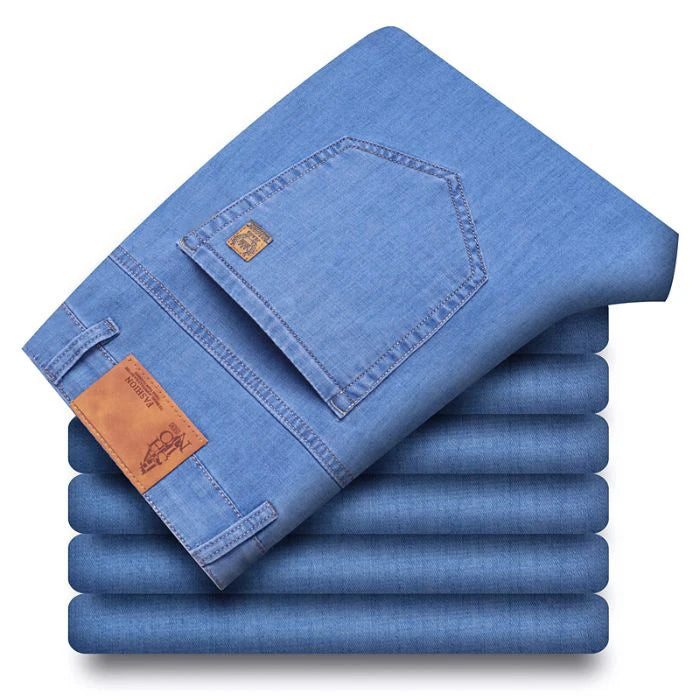 Men's Blue Straight-Leg Stretch Denim Jeans - Business Casual Style — product view