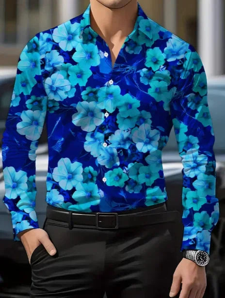 Men's Floral Print Long-Sleeve Casual Shirt