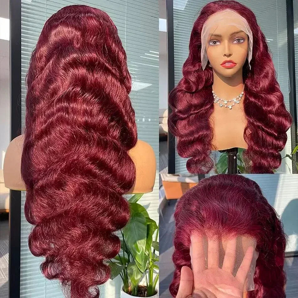 30-Inch Burgundy 99J Human Hair Lace Front Wig, Pre-Plucked, , Body Wave, Transparent Lace — product view
