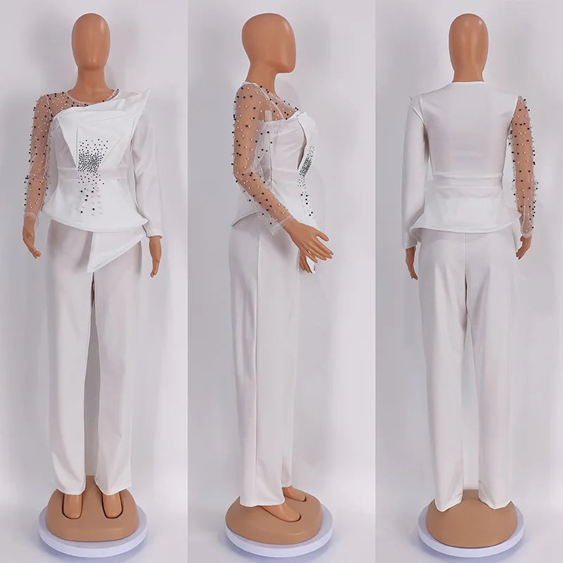 Women's Beaded Mesh Ruffle Blazer & Pants Set