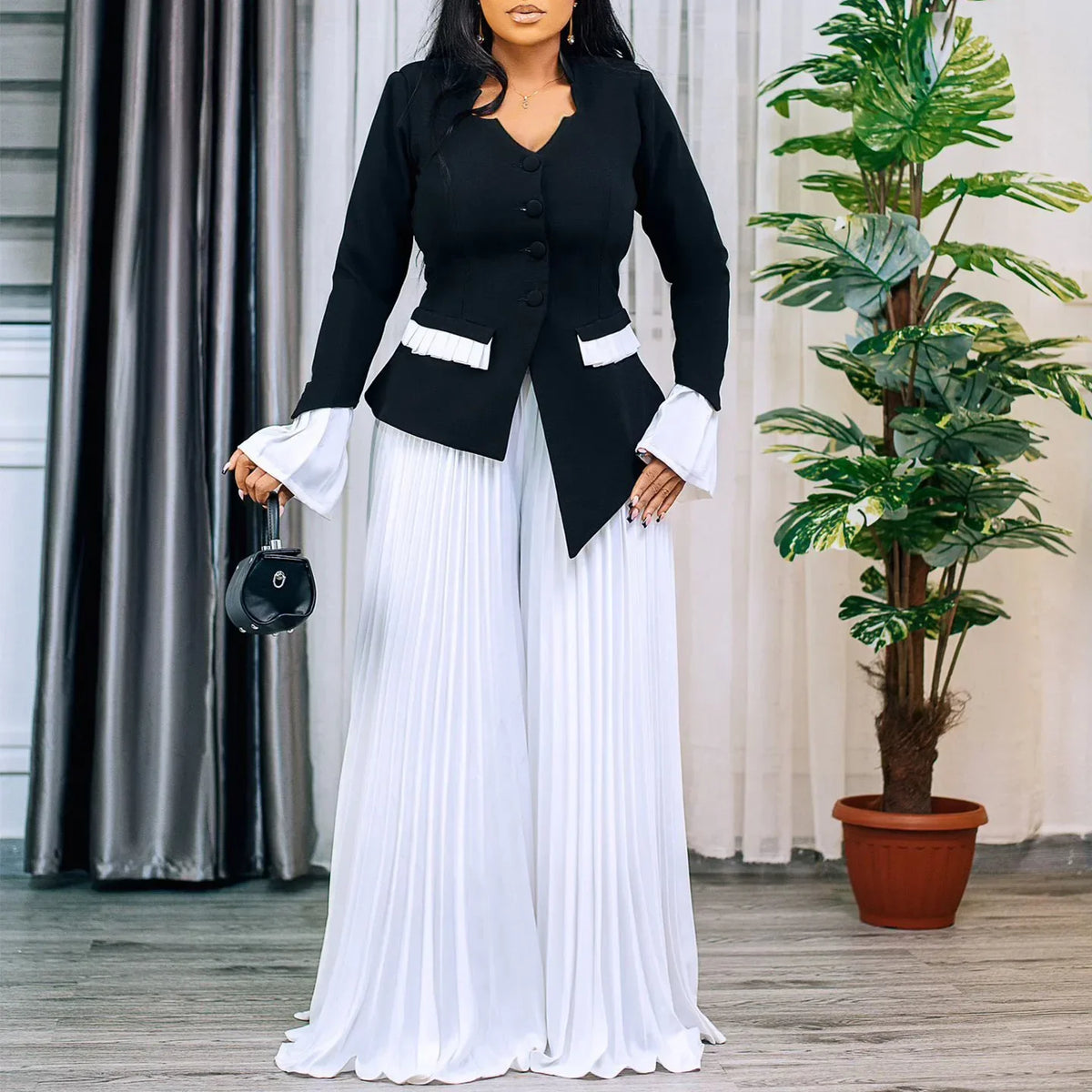 Women's Flared-Sleeve Blazer & Pleated Pants Set