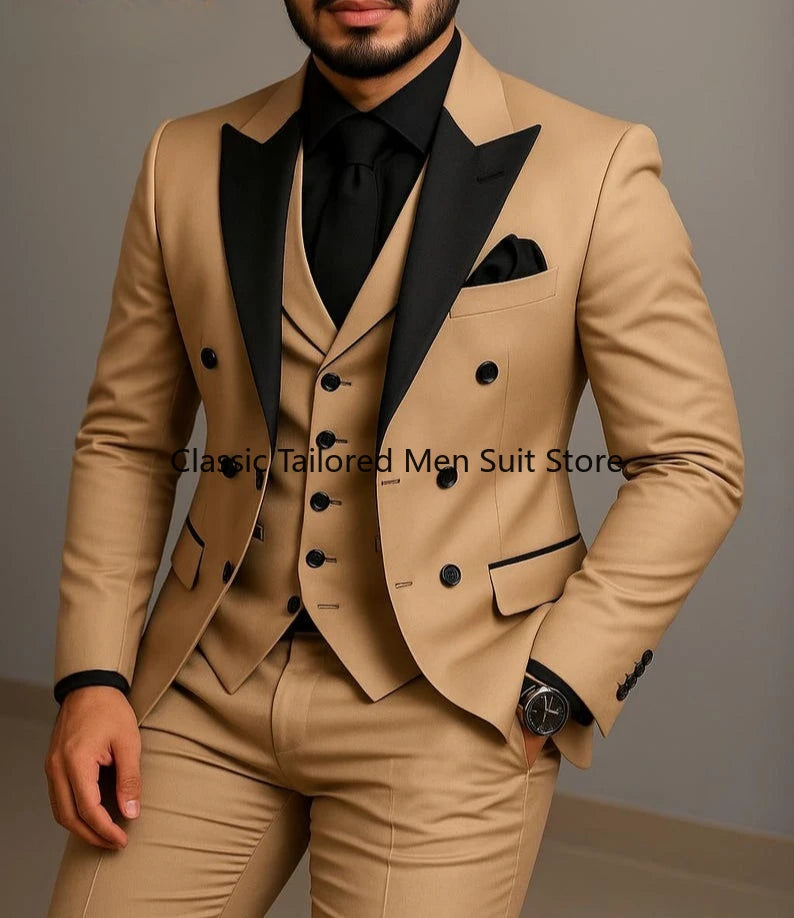 Men's Beige Slim-Fit Double-Breasted Suit Set — product view