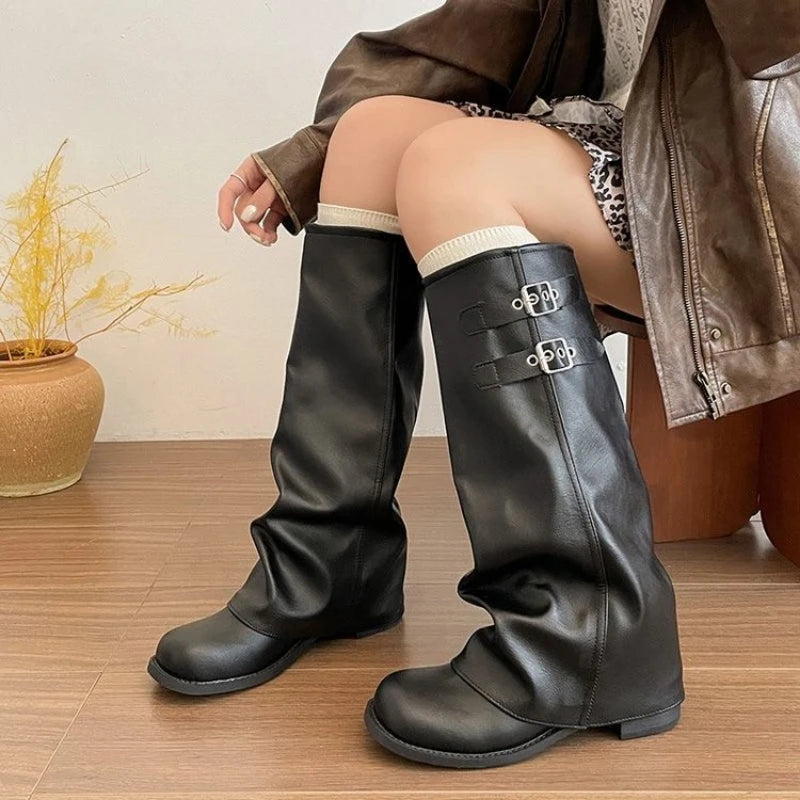 Women's Foldover Wedge Boots with Buckle Detail — product view