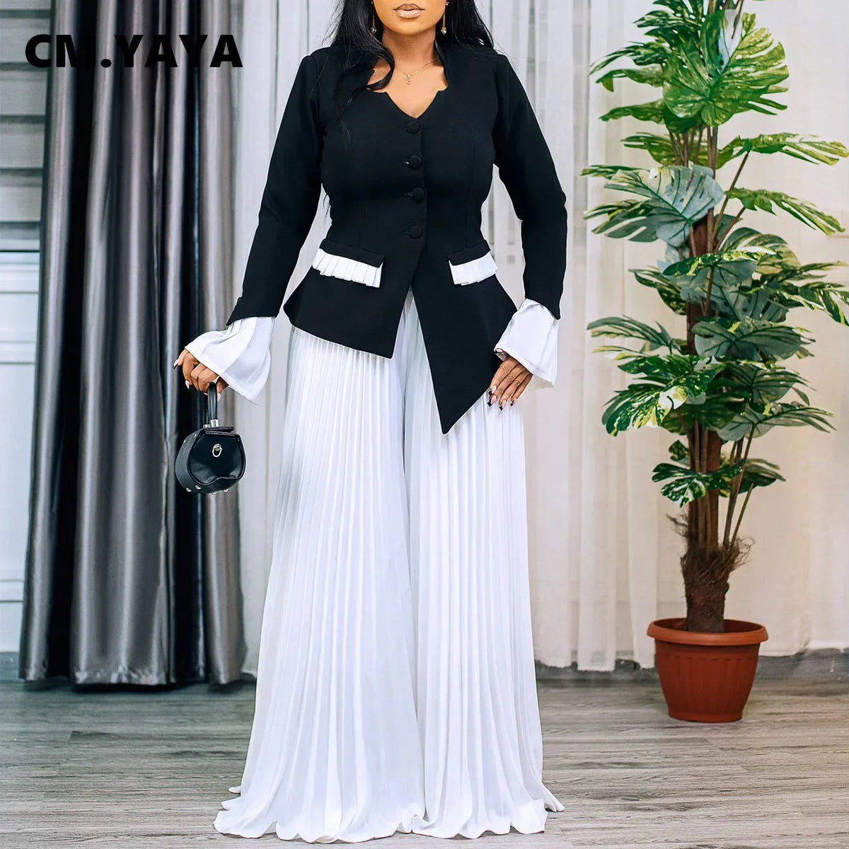 Women's Flared-Sleeve Blazer & Pleated Pants Set