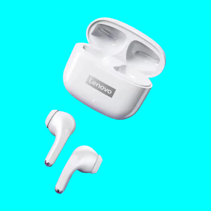 Lenovo wireless earbuds with charging case on a gradient pink and purple background