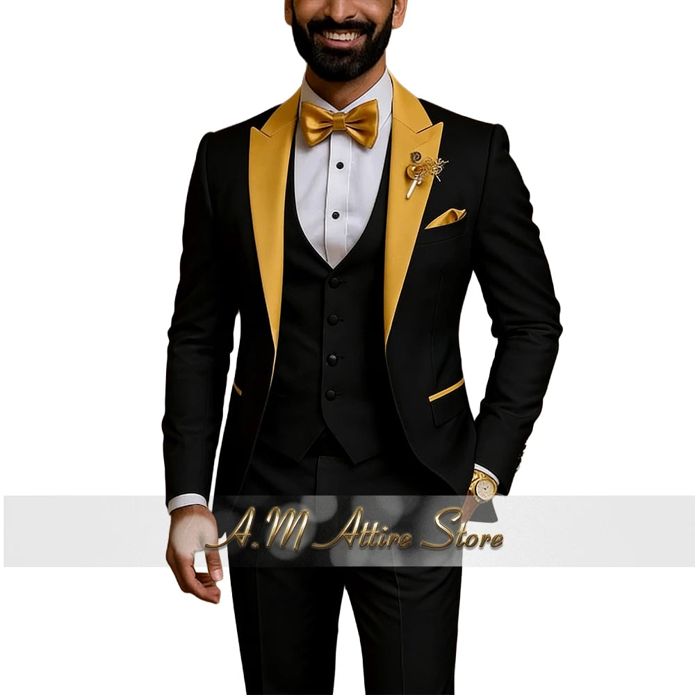 Men's Gold Peak-Lapel Three-Piece Suit Set — product view