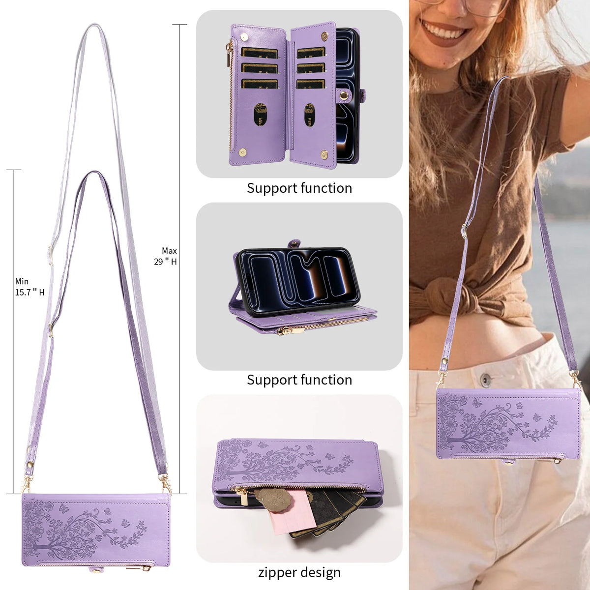Floral Embossed Crossbody Zipper Wallet Phone Case for iPhone 11, iPhone 12 Pro Max, iPhone 11 Pro Max, iPhone 11 Pro, iPhone XS Max, iPhone XS, iPhone SE (2022), iPhone XR, iPhone 8 Plus, iPhone 8, iPhone 18 Pro & More Models