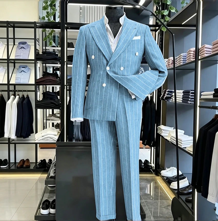 Men's Light Grey Pinstripe 2-Piece Double-Breasted Suit Set — product view