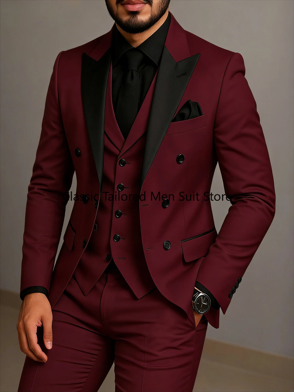 Men's Beige Slim-Fit Double-Breasted Suit Set — product view