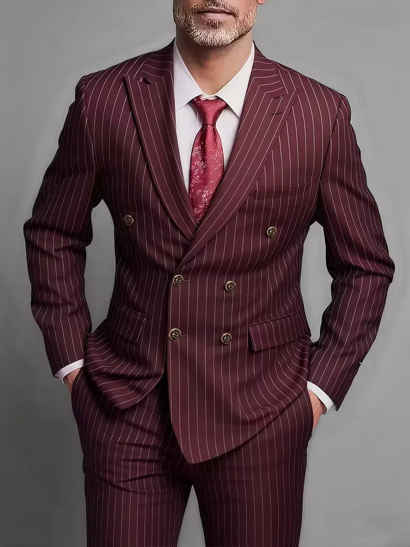 Men's Striped Slim-Fit Double-Breasted Suit Set — product view