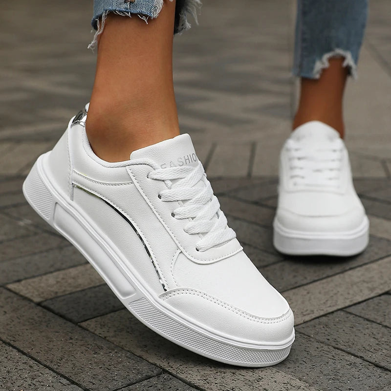 Women's White Sneakers with Silver Trim — product view