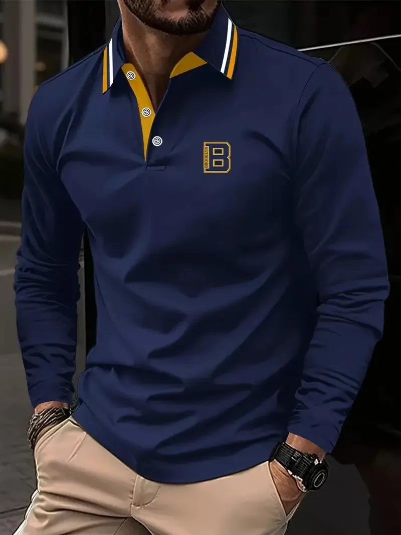 Men's Graphic Print Long-Sleeve Polo Shirt
