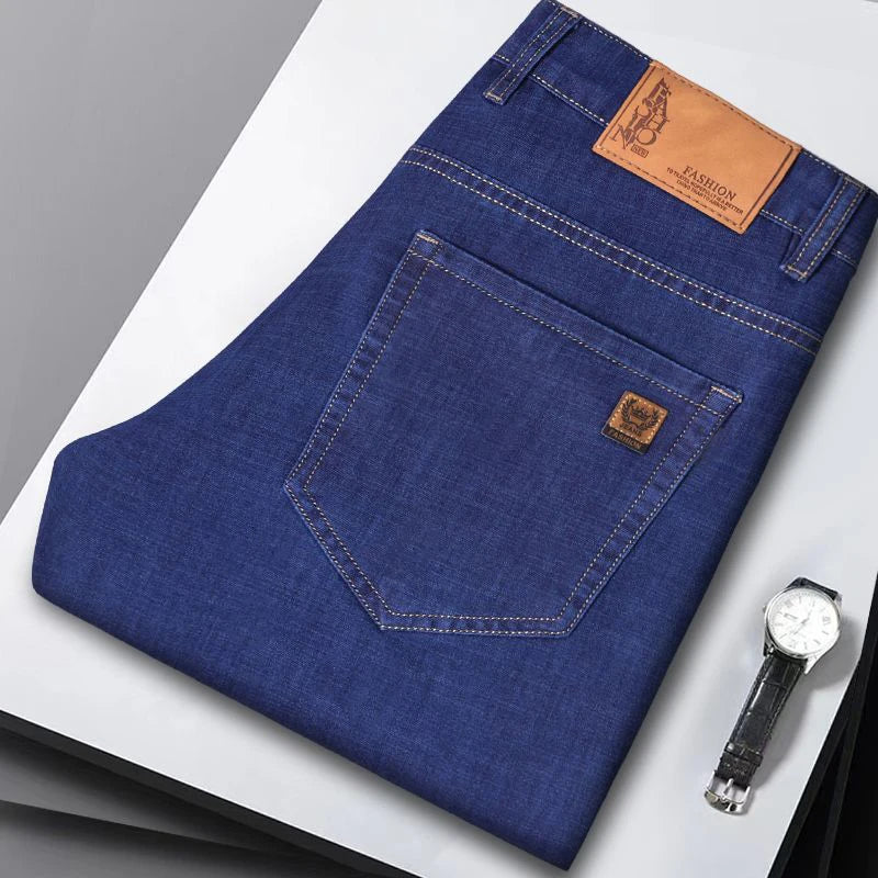 Men's Blue Straight-Leg Stretch Denim Jeans - Business Casual Style — product view