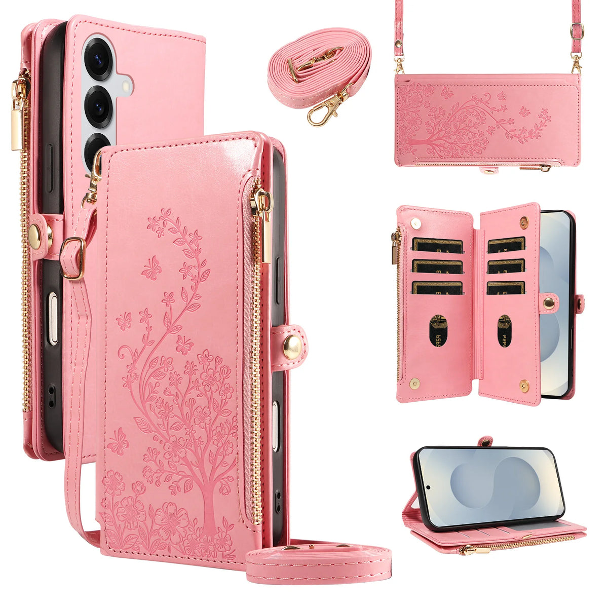 Floral Embossed Crossbody Zipper Wallet Phone Case for Samsung Galaxy S21+ 5G, S21 FE 5G, S21 Ultra 5G, S21, S20, S20 FE, S20+, S20 Ultra, S23 Ultra, S23 FE, S23+, S24 Ultra, S22+ 5G, S22 5G, S22 Ultra 5G, S23, S25 Ultra, S25 FE & More Models