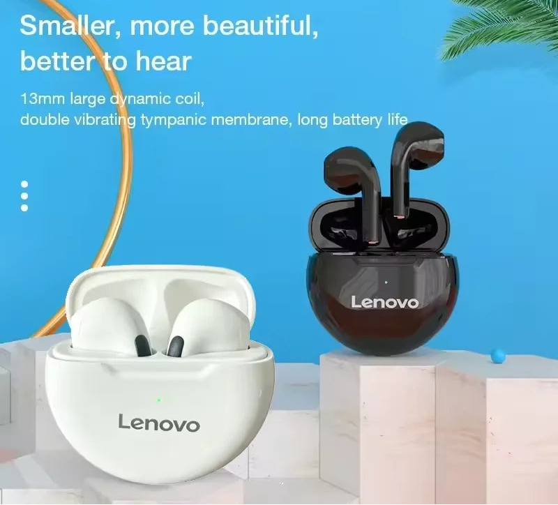 Two Lenovo wireless earbuds in their charging cases, one white and one black, displayed on a light gray pedestal against a bright blue background with promotional text and a small palm leaf graphic.