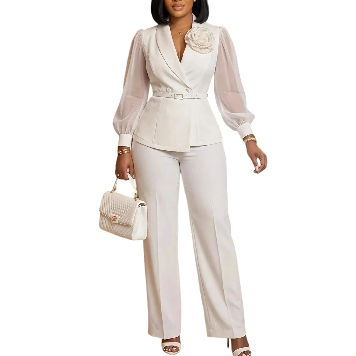Women's Dashiki-Inspired V-Neck Top & Pants Set