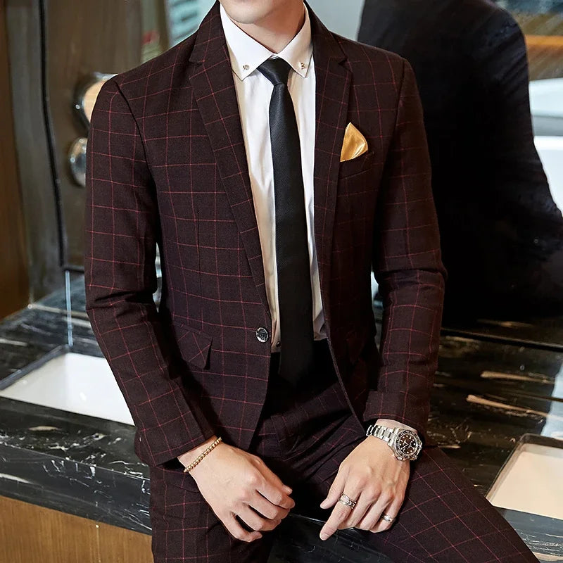 Men's Plaid Slim-Fit Suit Set — product view