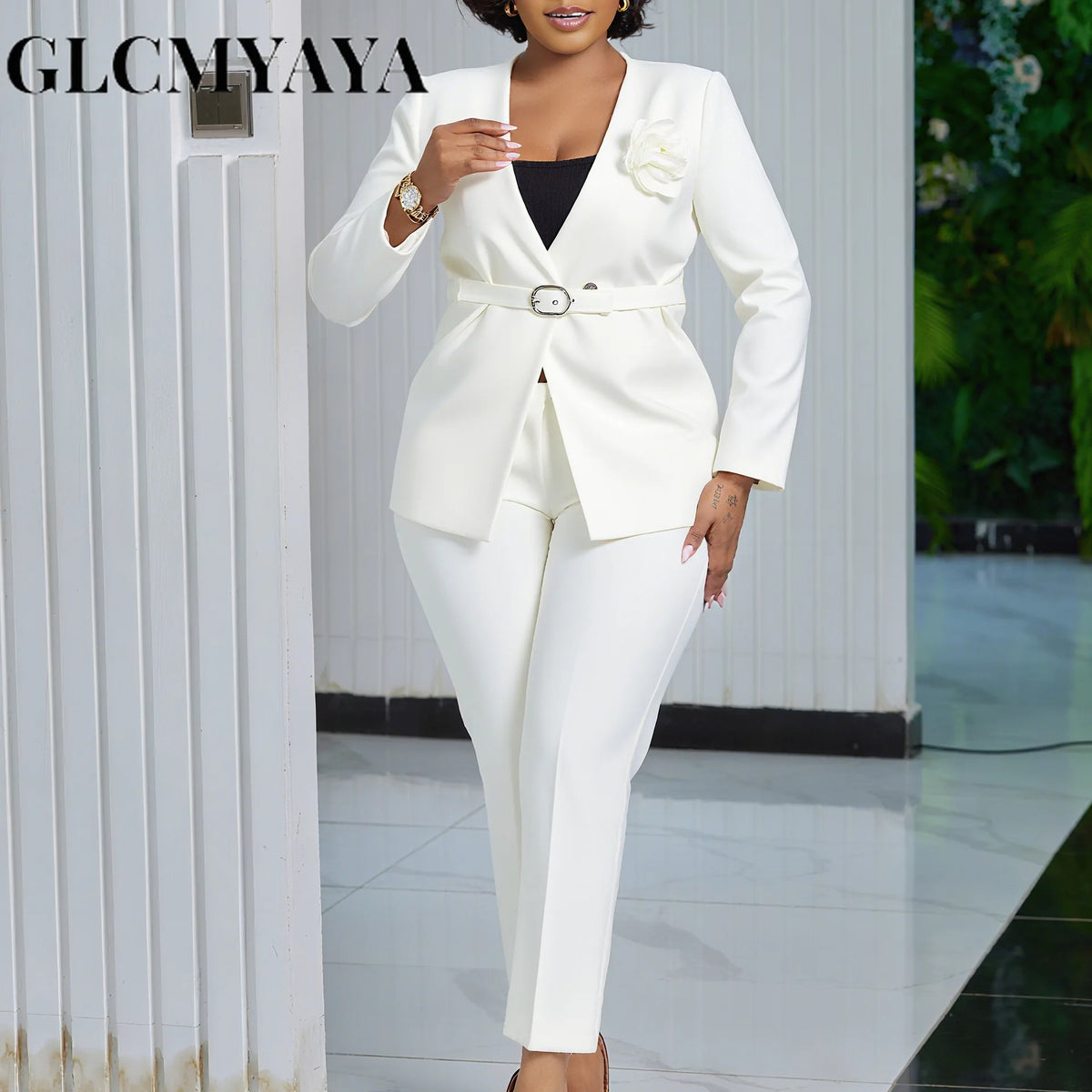 Women's Floral-Detail Belted Blazer & Pants Set