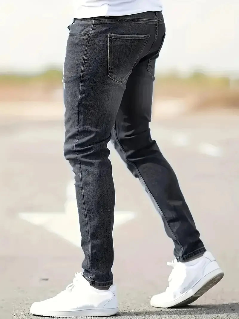 Men's Black Slim Fit Stretch Denim Jeans - Ripped Detail — product view