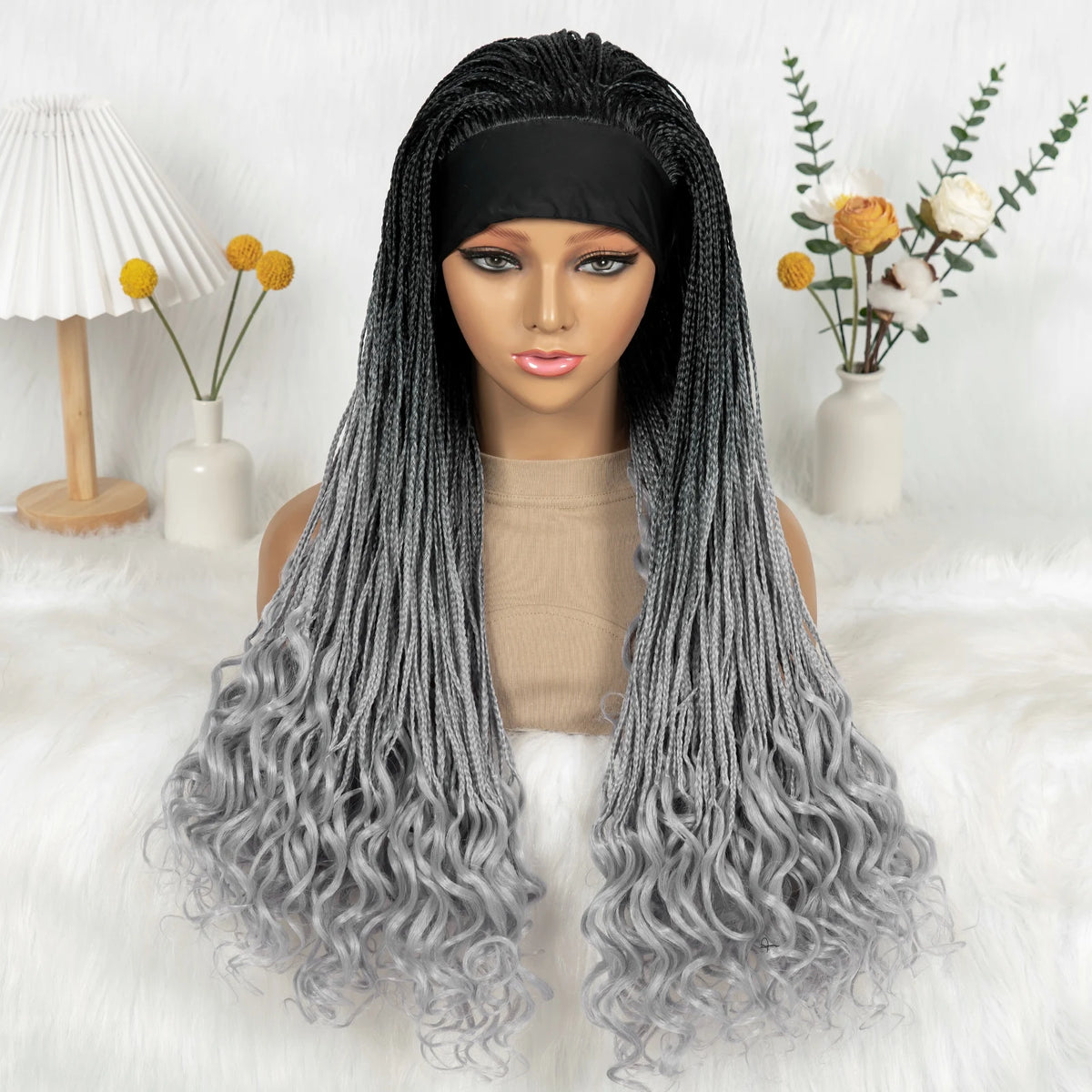 Silk Headband Wig Braided Wig with Curly Ends Headband Wig Knotless - OSASCO