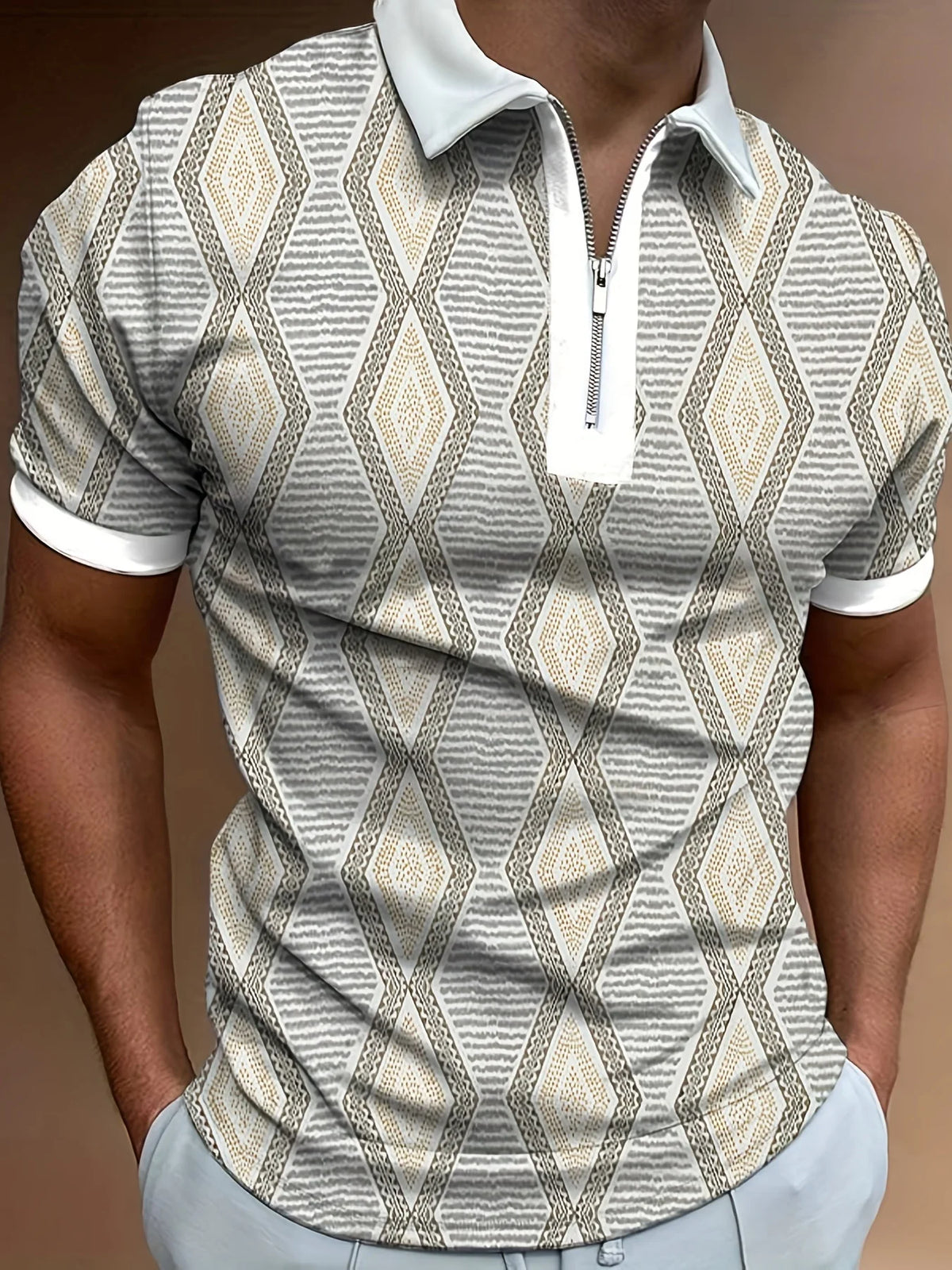 Men's Striped Short-Sleeve Zip-Neck Polo Shirt
