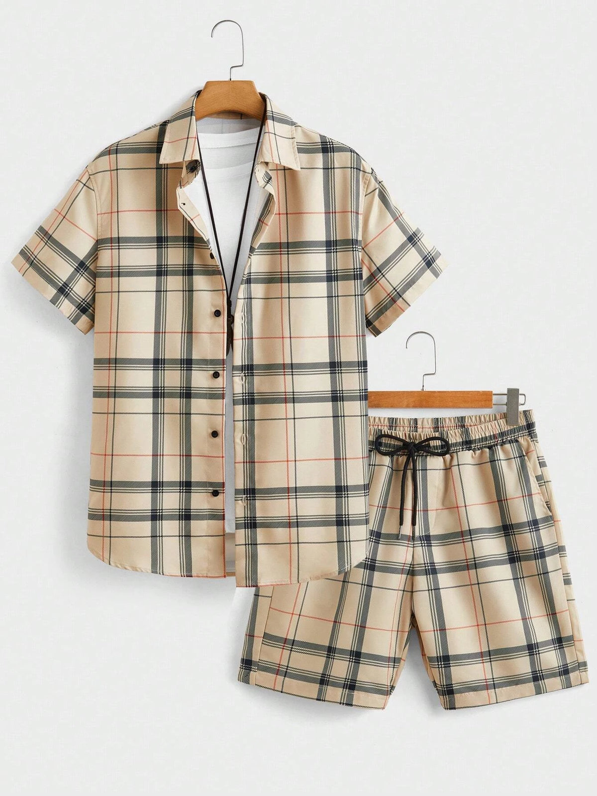 Men's Check Print Top & Shorts Set