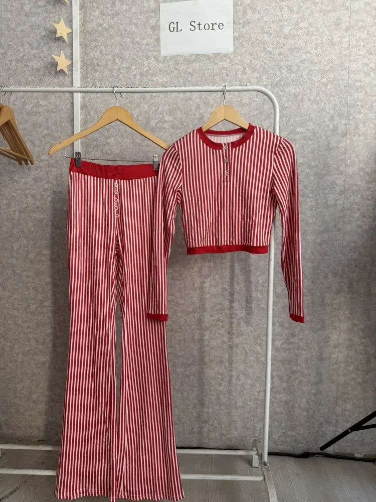 Women's Striped Crop Top & Flared Pants Set