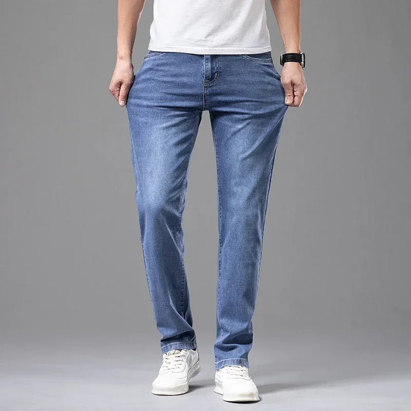 Men's Light Gray Straight-Leg Stretch Denim Jeans - Lightweight — product view