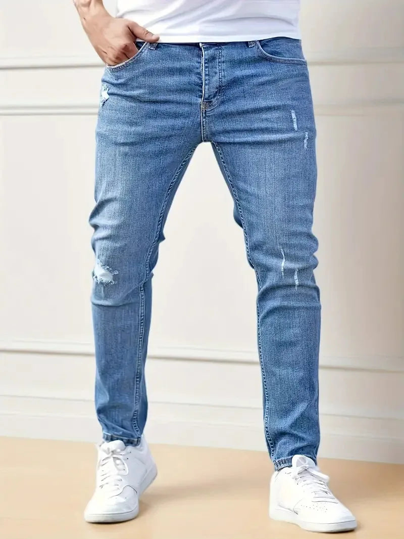 Men's Black Slim Fit Stretch Denim Jeans - Ripped Detail — product view