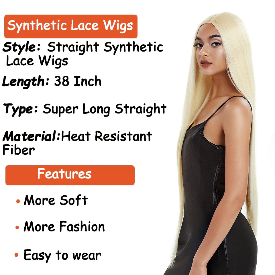 38 Inch Straight Hair Synthetic Lace Front Wig High Temperature Fiber - OSASCO