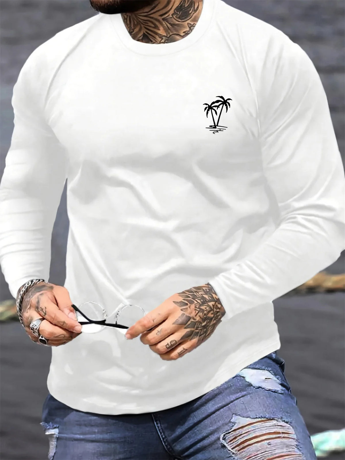 Men's Palm Tree Print Long-Sleeve Casual T-Shirt